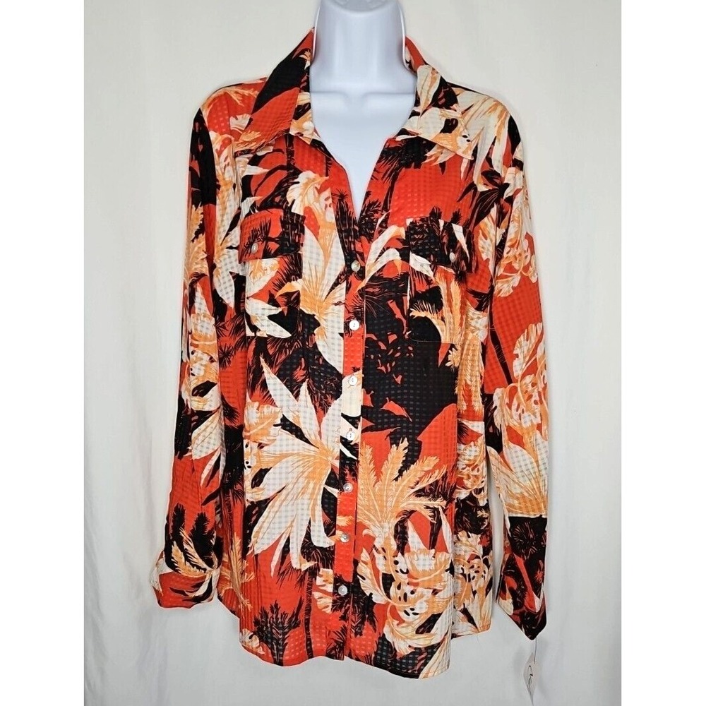 NY Collection‎ Women's Red Tropical Long Sleeve Button-Up Blouse Size 2X